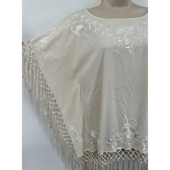 French Connection Embroider Kimono Top Fringe Cream Oversized BOHO Hippie S 4 - Picture 2 of 6